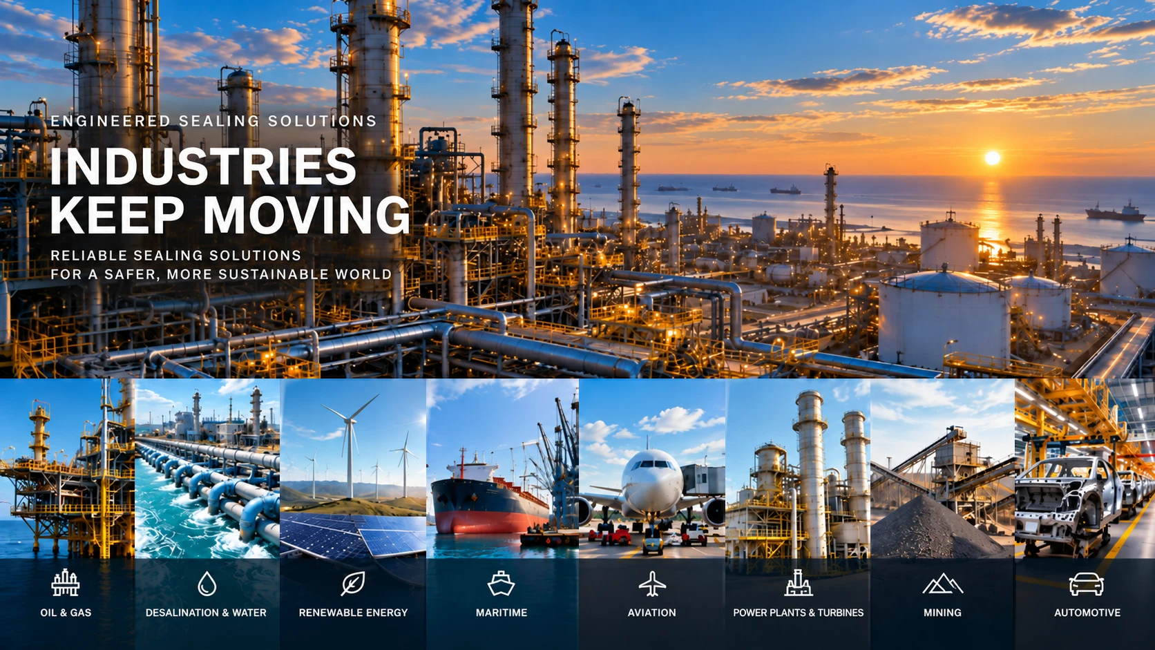 Industries keep moving. Reliable sealing solutions for oil and gas, desalination and water, renewable energy, maritime, aviation, power plants and turbines, mining and automotive.